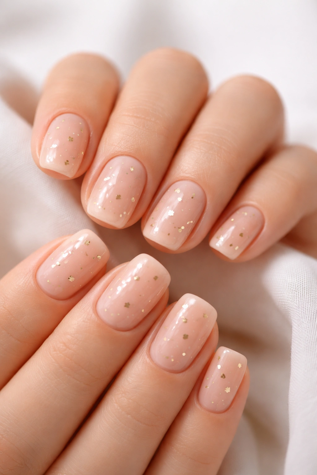 Nude nails with tiny gold stars on short squoval shapes for an elegant wearable look