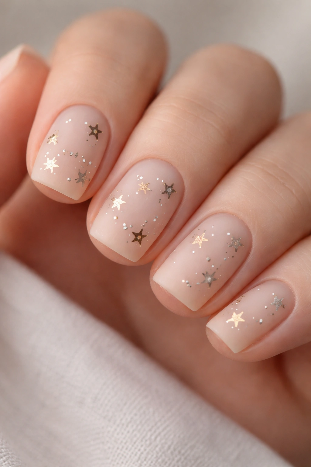 Nude nails with metallic stars and negative-space design