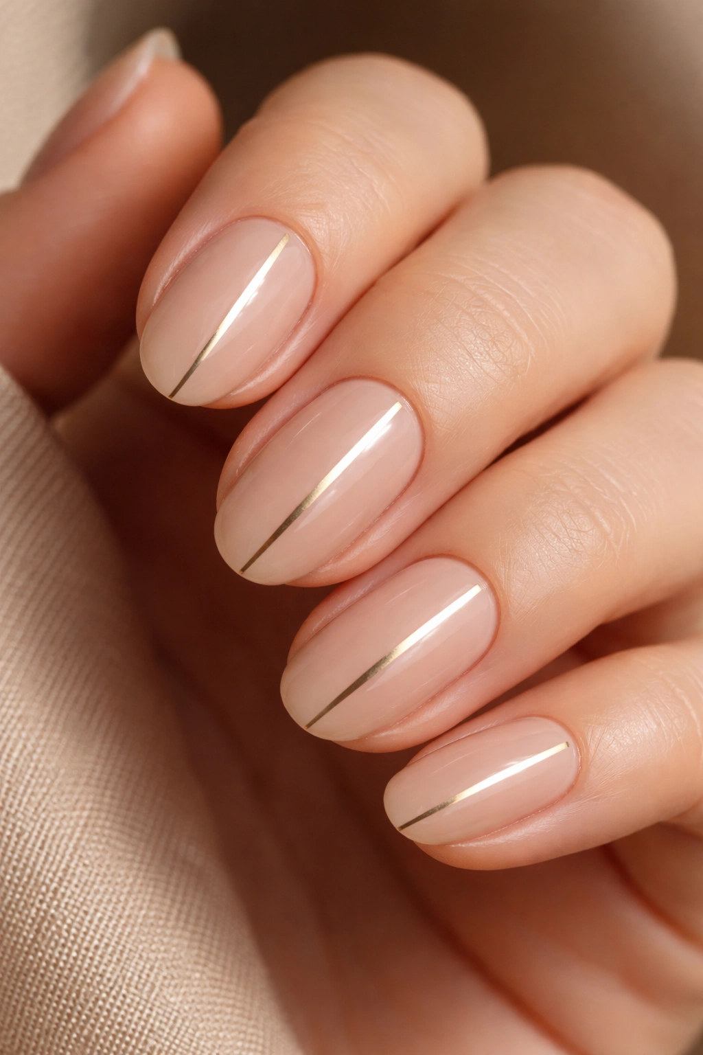 Close-up of nude nails with a single metallic stripe on short oval nails