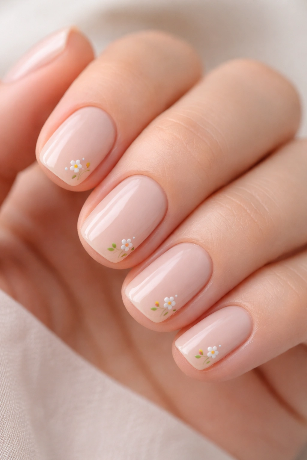 Close-up of nude nails with subtle floral motif
