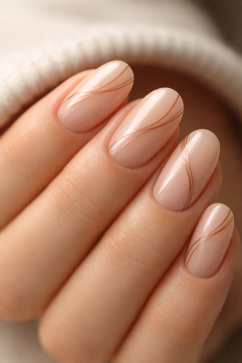 Close-up of short oval nails featuring a nude base with thin brown swirl designs.