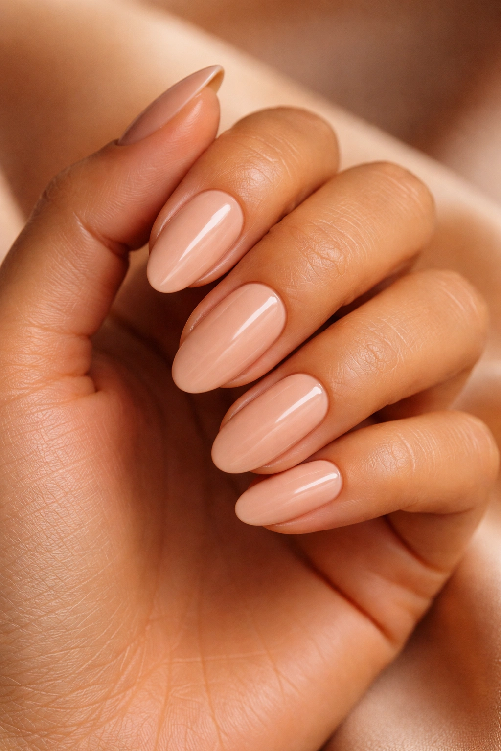 Close-up of nude nails on tan skin