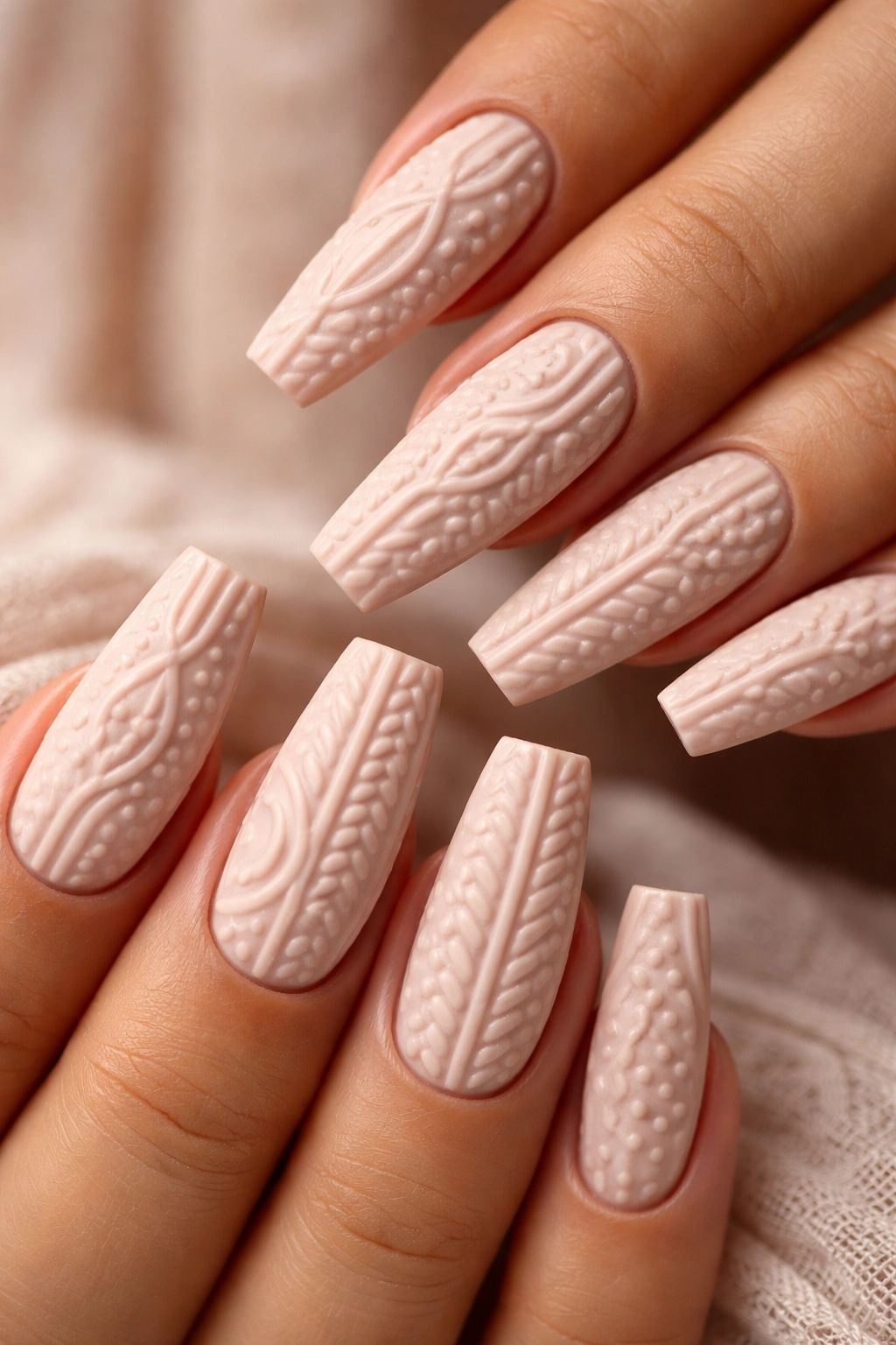 Close-up of nude coffin nails with dimensional textured pattern
