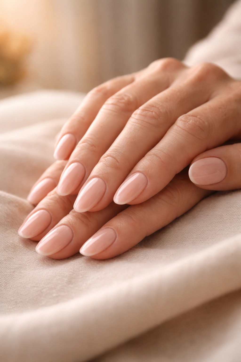Close-up of hands with nude nails on soft fabric in warm light