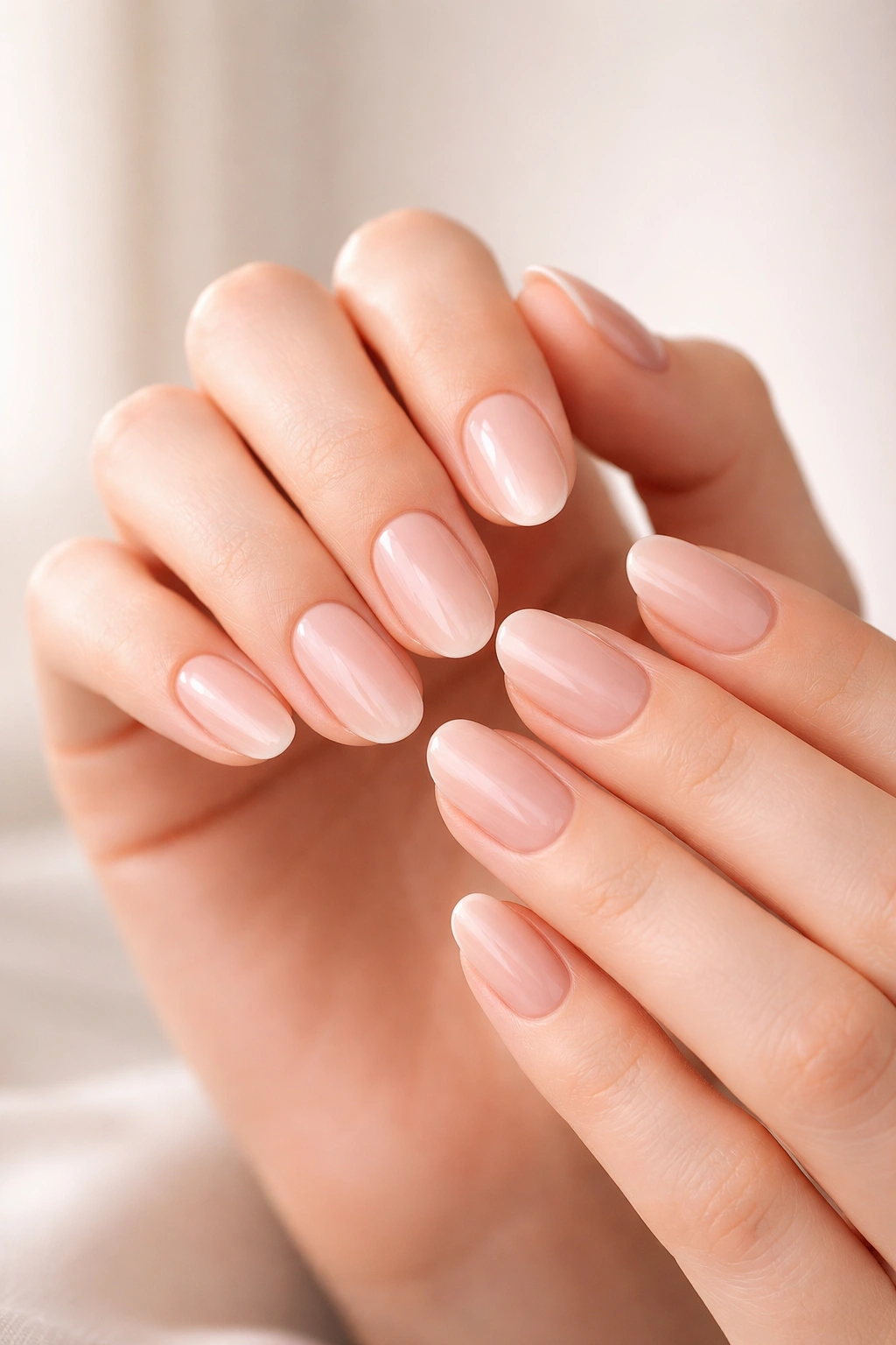 Hands with timeless nude manicure on neutral background
