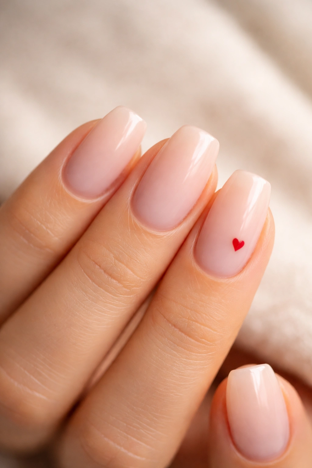 Nude short ballerina nails with a tiny white or colored heart on the accent nail
