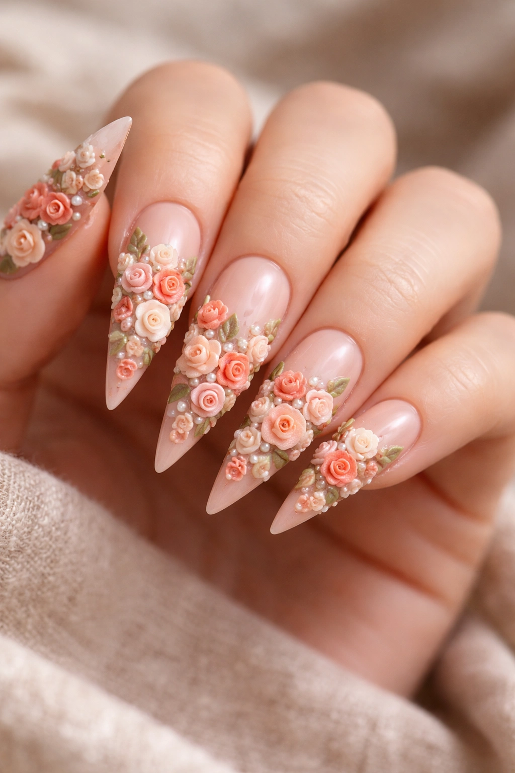 Close-up of nude nails covered with dense tiny 3D roses in coral, blush, and cream