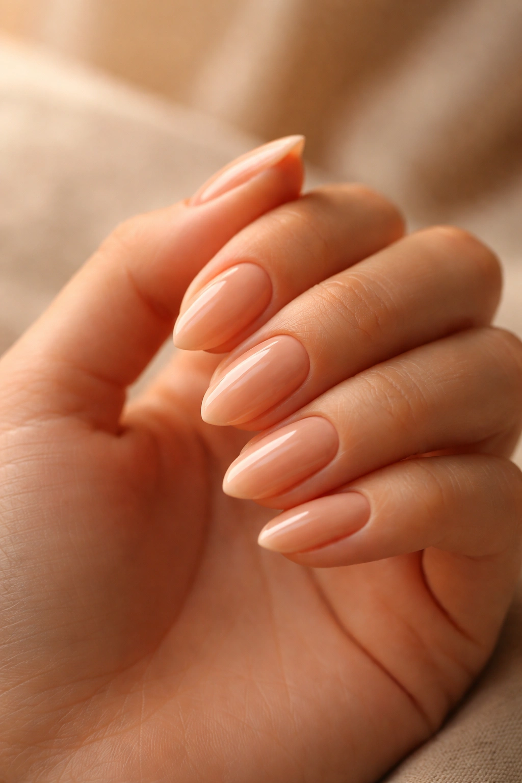Close-up of a hand with nude nails in a peach-beige shade to match warm undertones
