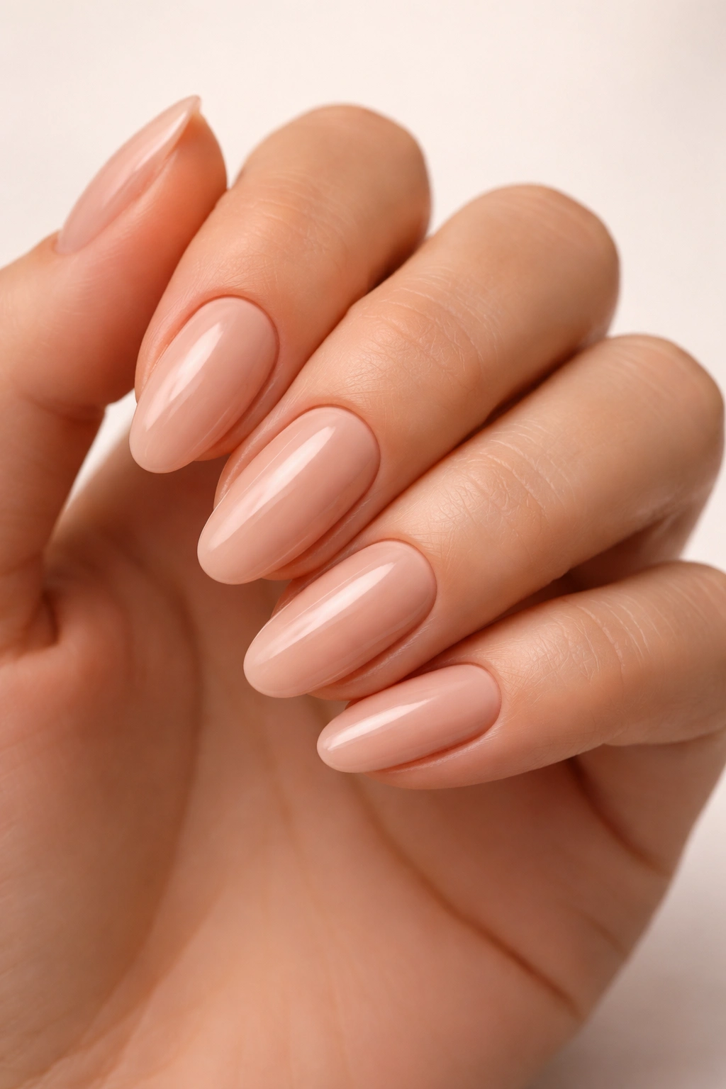 Close-up of nude nails in soft beige and rosy taupe tones