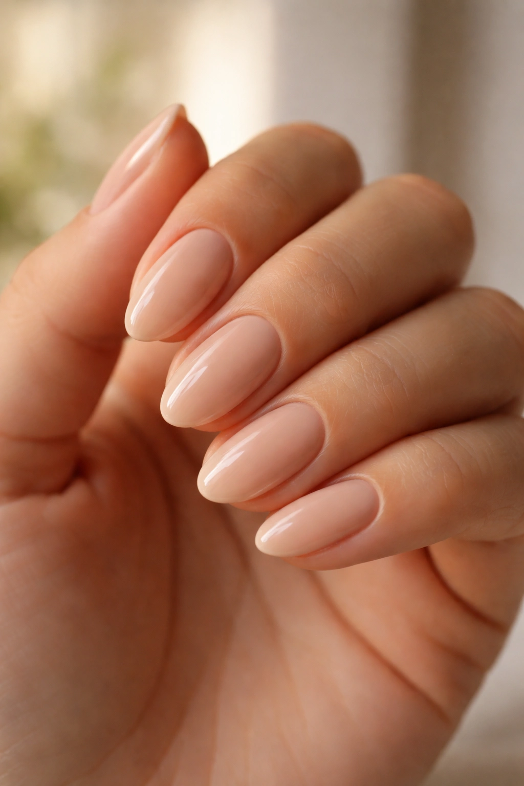Short almond nails in warm beige nude tone
