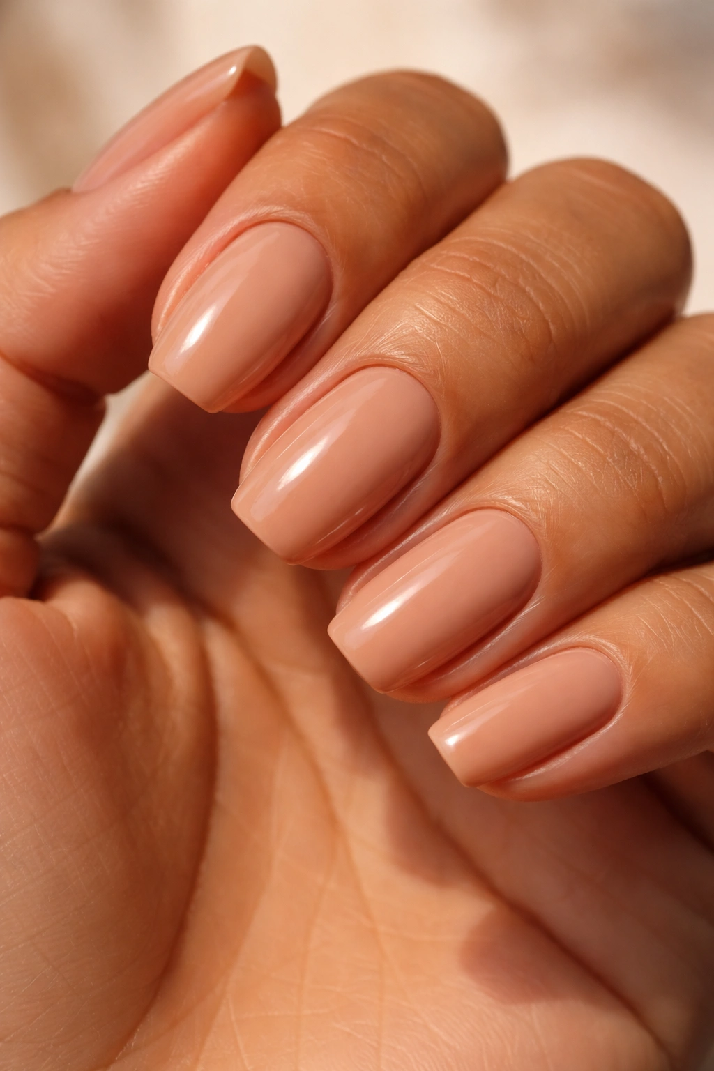 Close-up of hand with warm nude nails in natural light