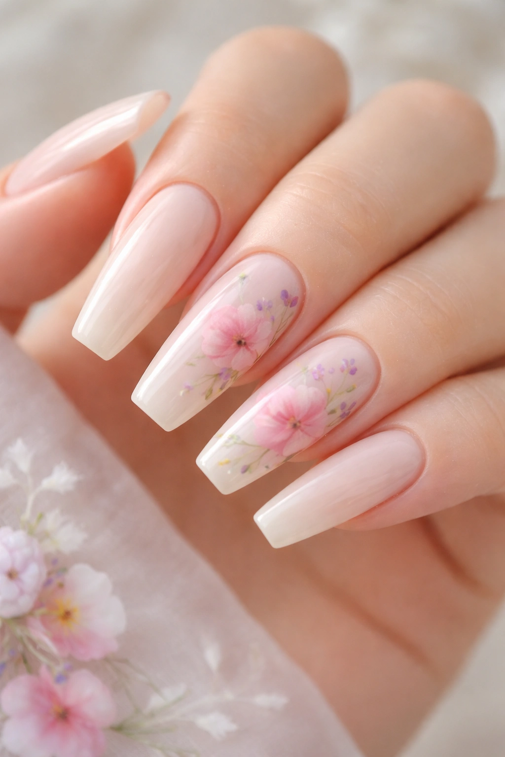 Close-up of nude coffin nails with soft watercolor floral art on selected nails