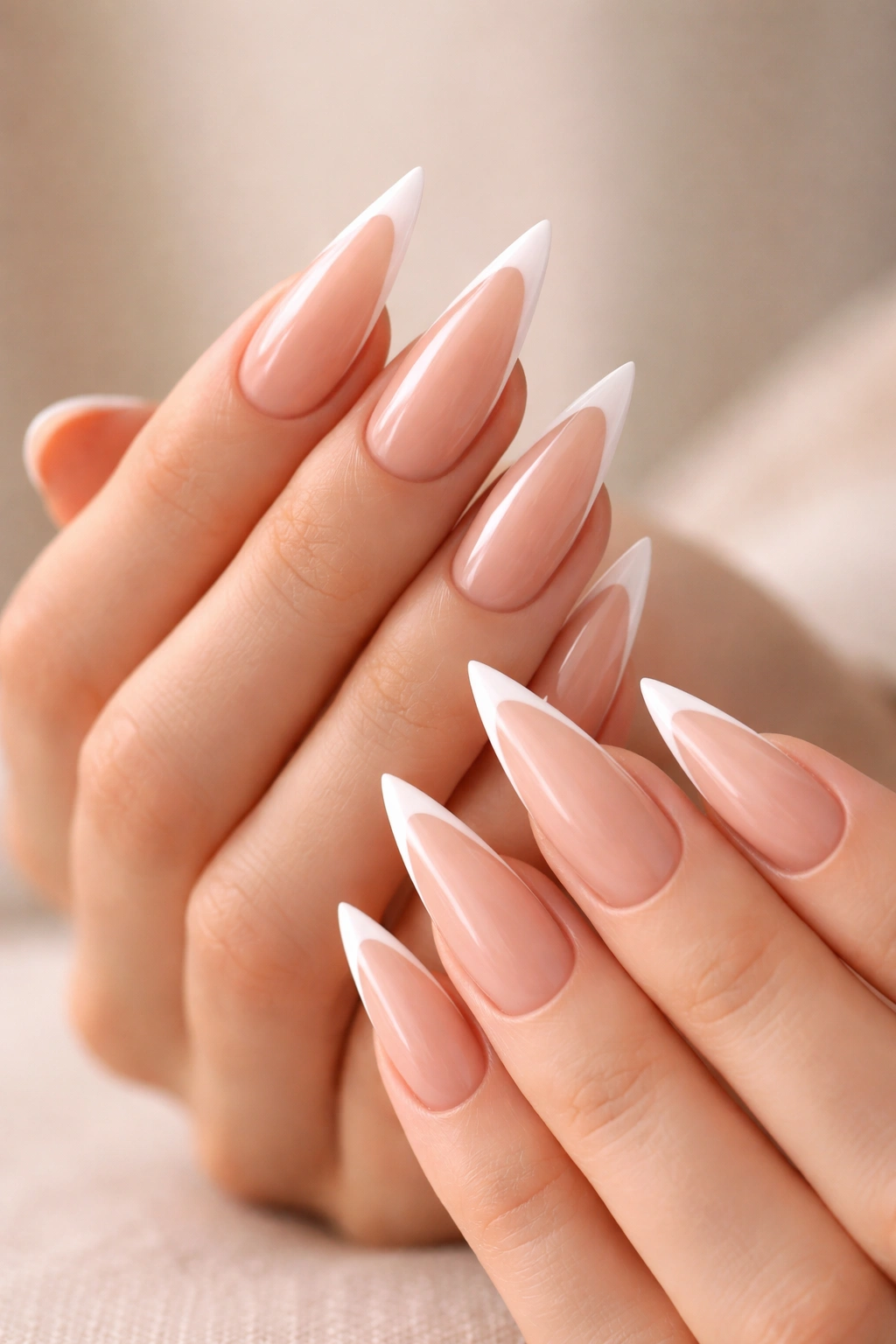 Close-up of nude stiletto nails with a thin white tip