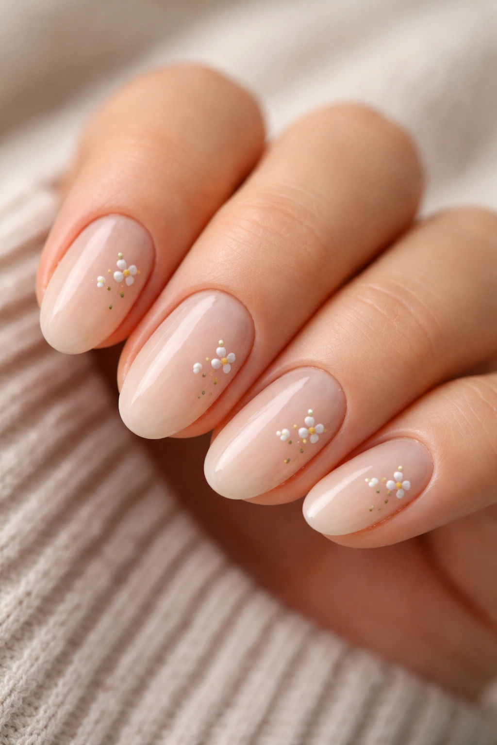 Close-up of nude-base almond nails with tiny white wildflowers