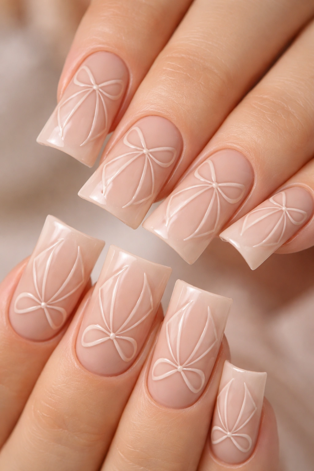 Nude duck nails with a negative-space bow outline on curved tips