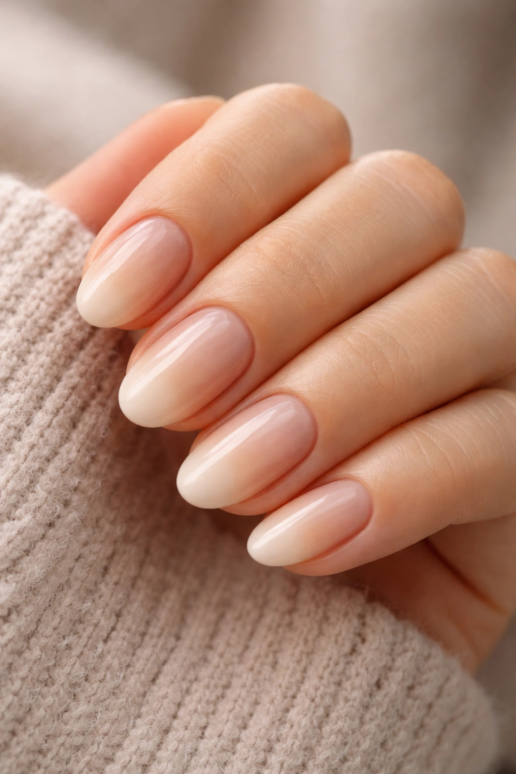 Close-up of short almond nails with nude to beige ombre on a neutral background