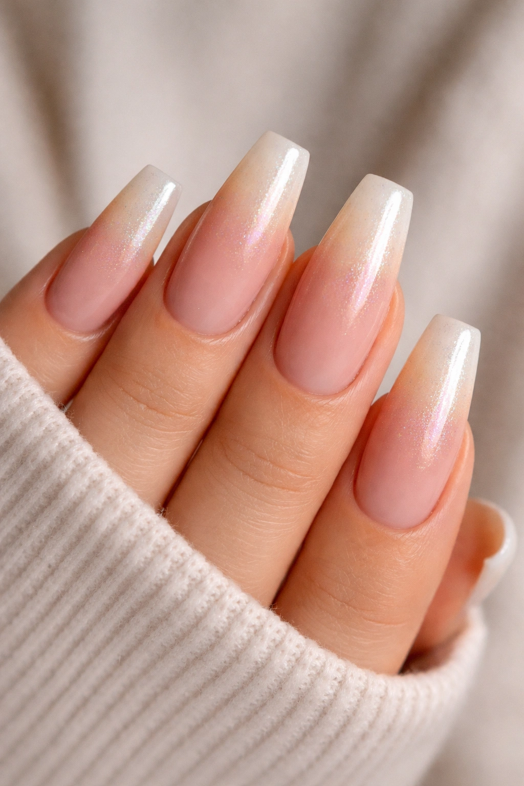 Nude ombre coffin nails with chrome dust shimmer