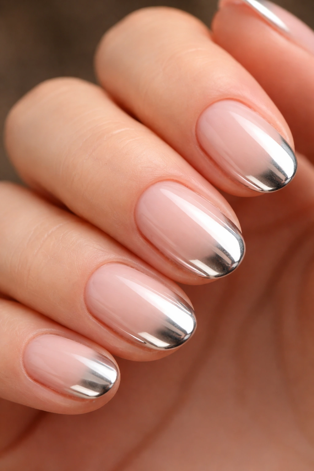 Short oval nails with nude ombré base and chrome tips
