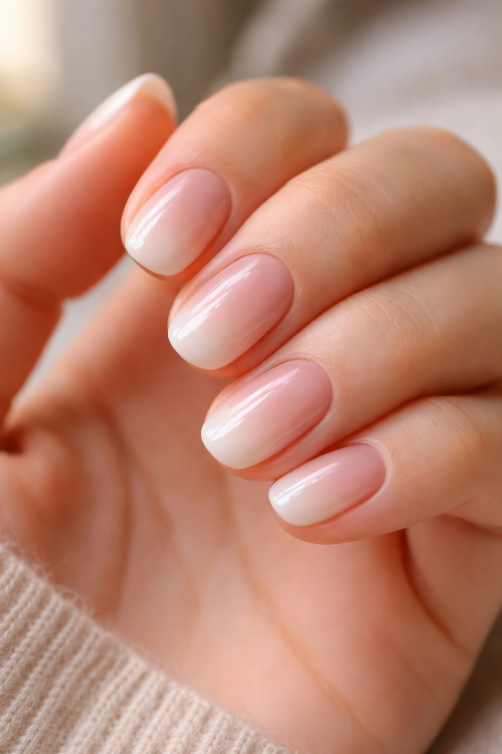Short oval polygel nails with nude ombré gradient
