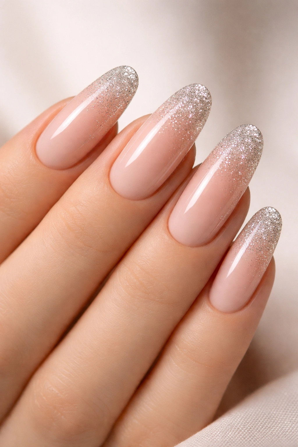 Nude ombre nails with glitter on long oval shape