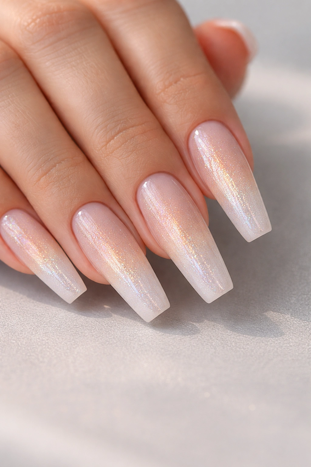 Close-up of coffin nails featuring nude ombre with subtle holographic shimmer