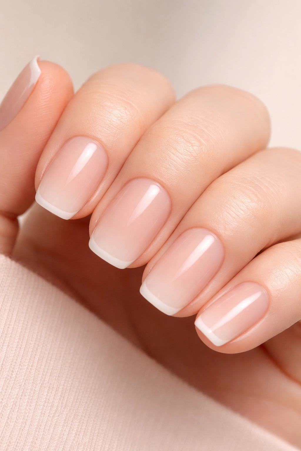 Close-up of short squoval nails with nude ombré and white micro-tip
