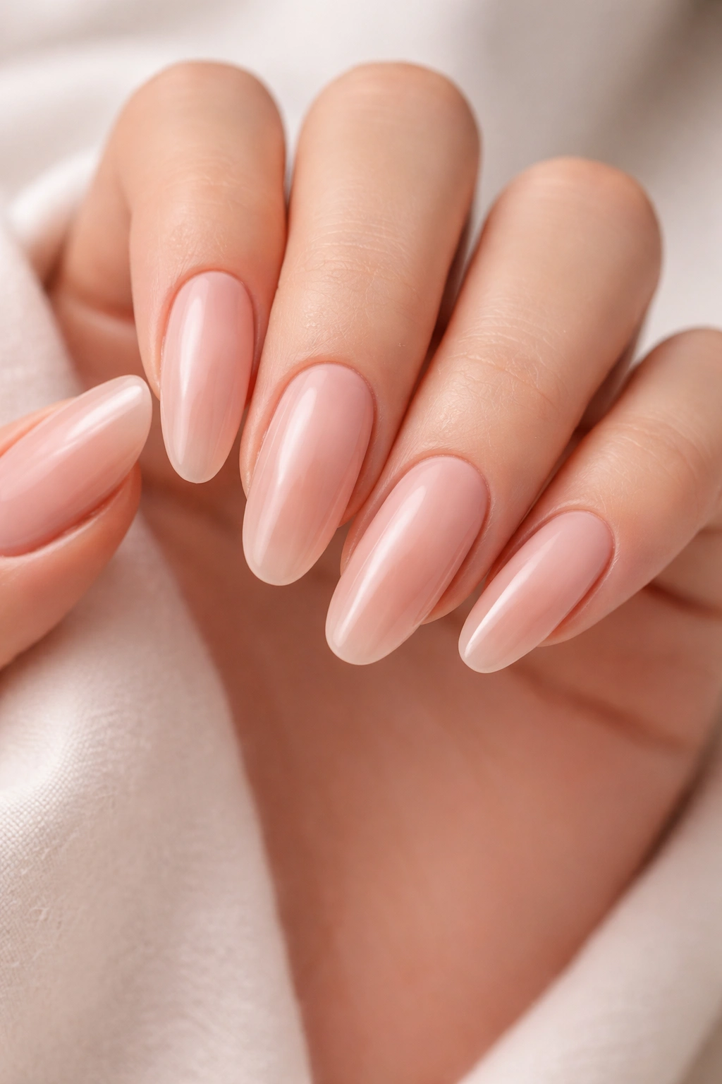 Close-up of light nude ombre nails on long oval shape