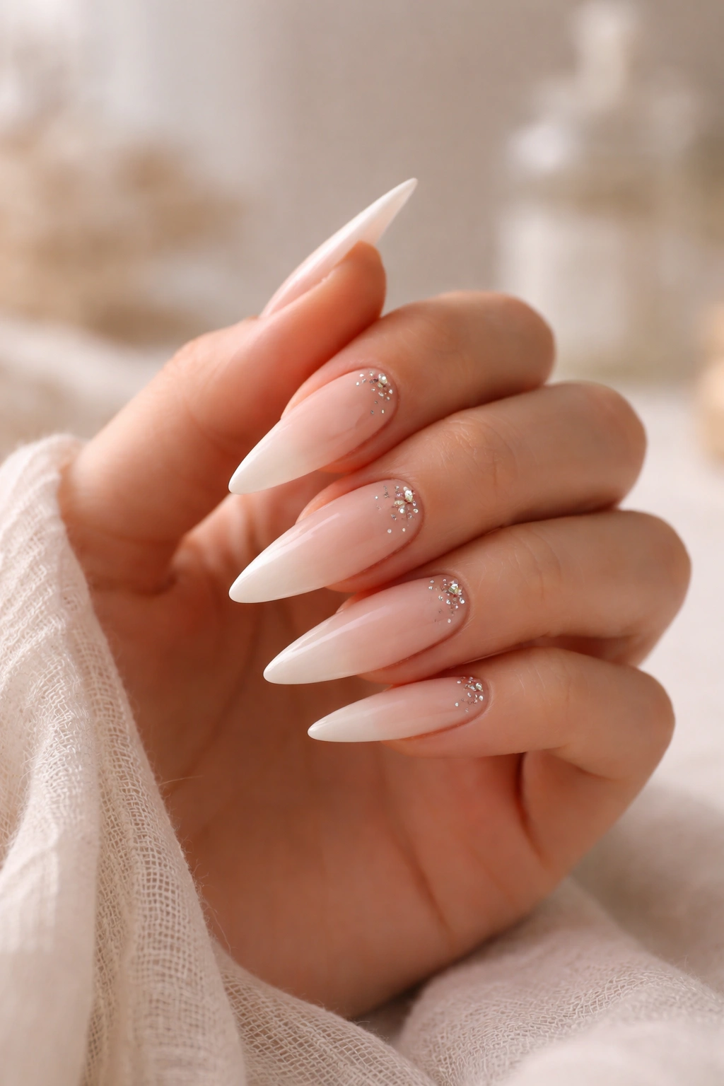 Close-up of nude ombre stilettos in a minimal setup