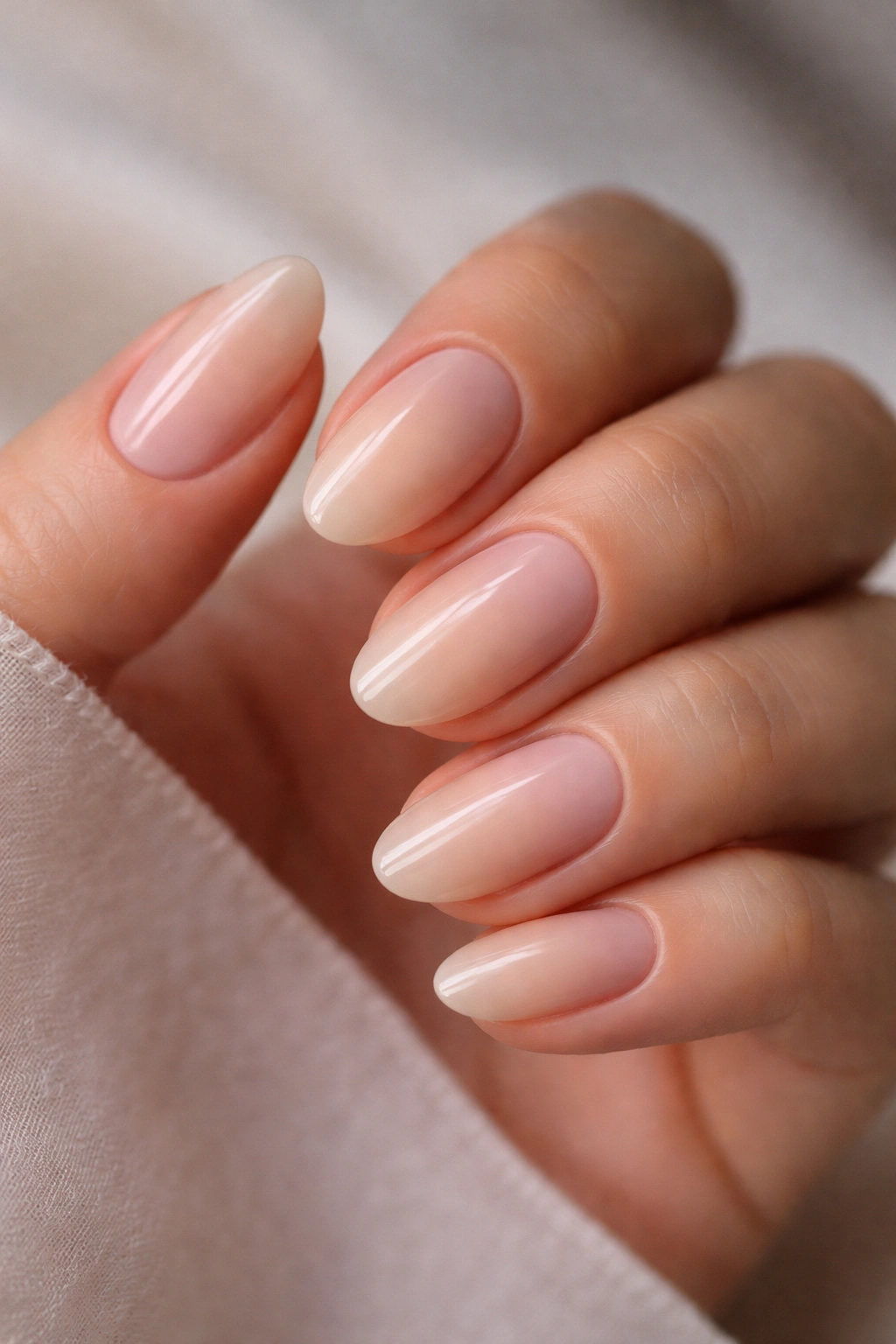 Short almond nails with nude ombre gradient from pink to beige