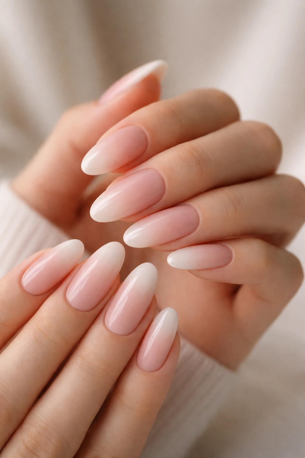 Close-up of nude ombre long oval nails with soft blur gradient