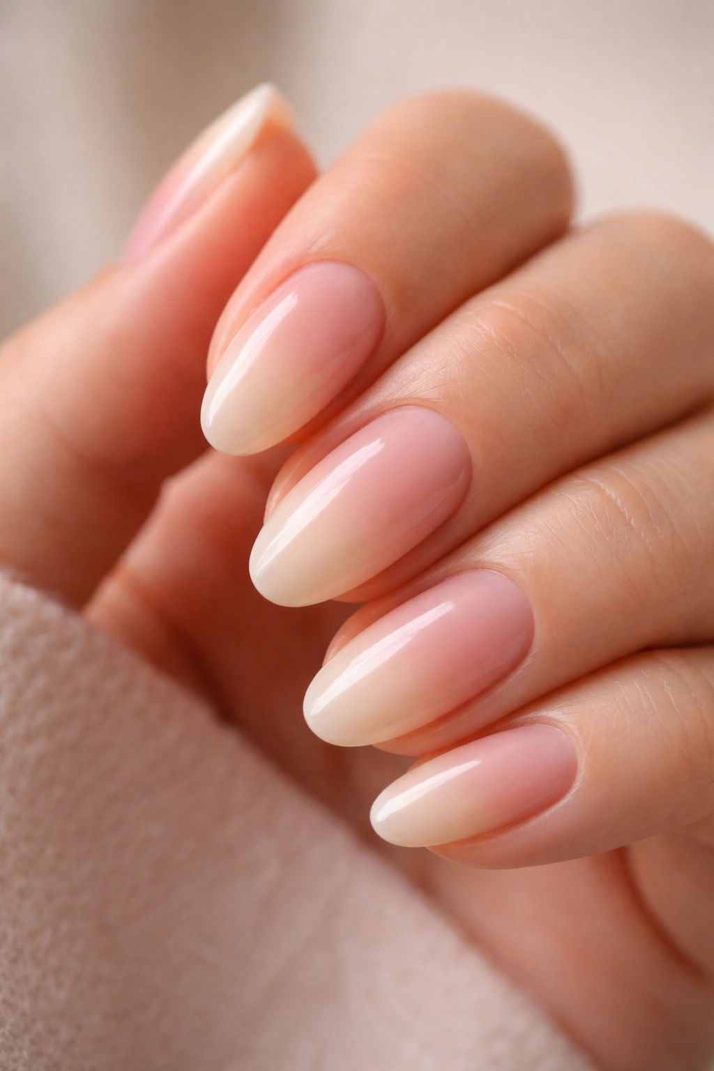 Close-up of short almond nails with subtle nude ombre from blush to nude