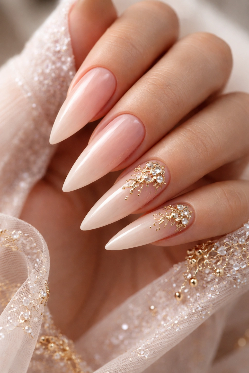 Close-up of nude to blush ombre nails with gold filigree charms