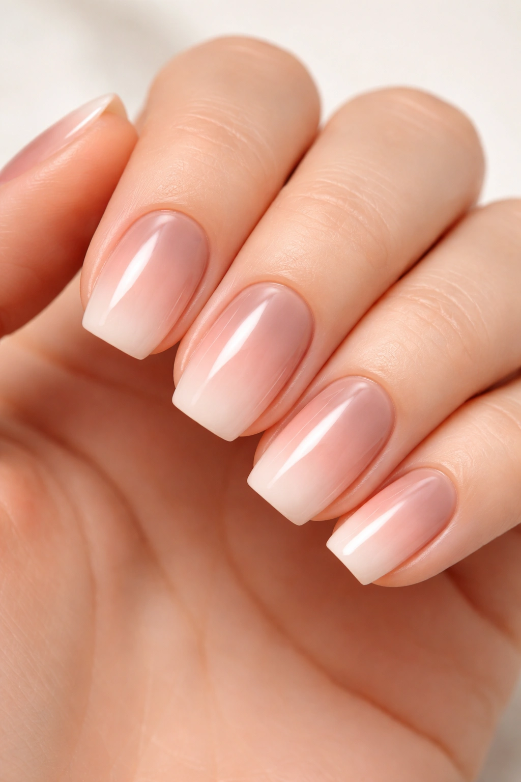 Close-up of nude ombre squoval nails with gradient fade