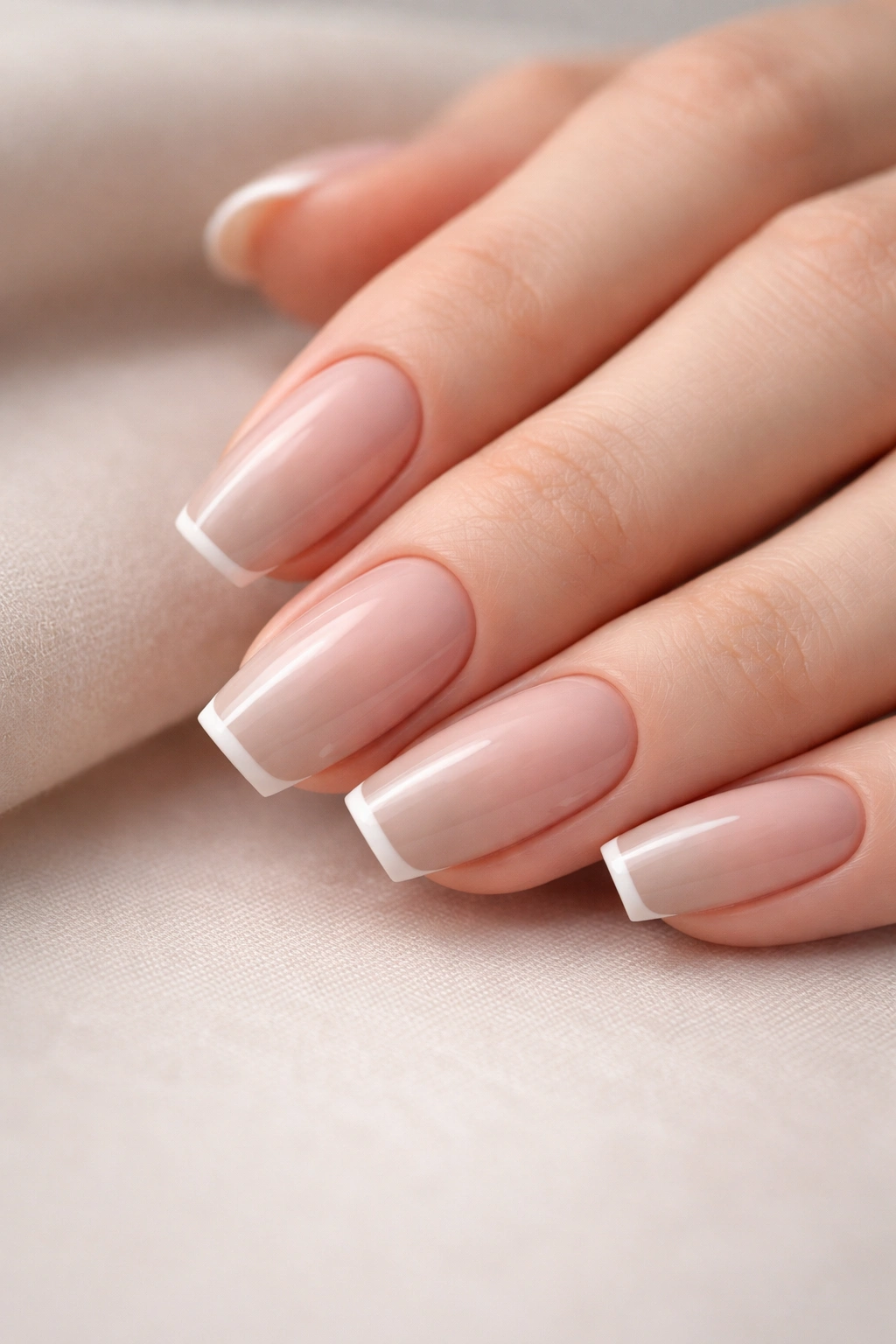 Close-up of nude ombre nails with delicate lines on soft square shape