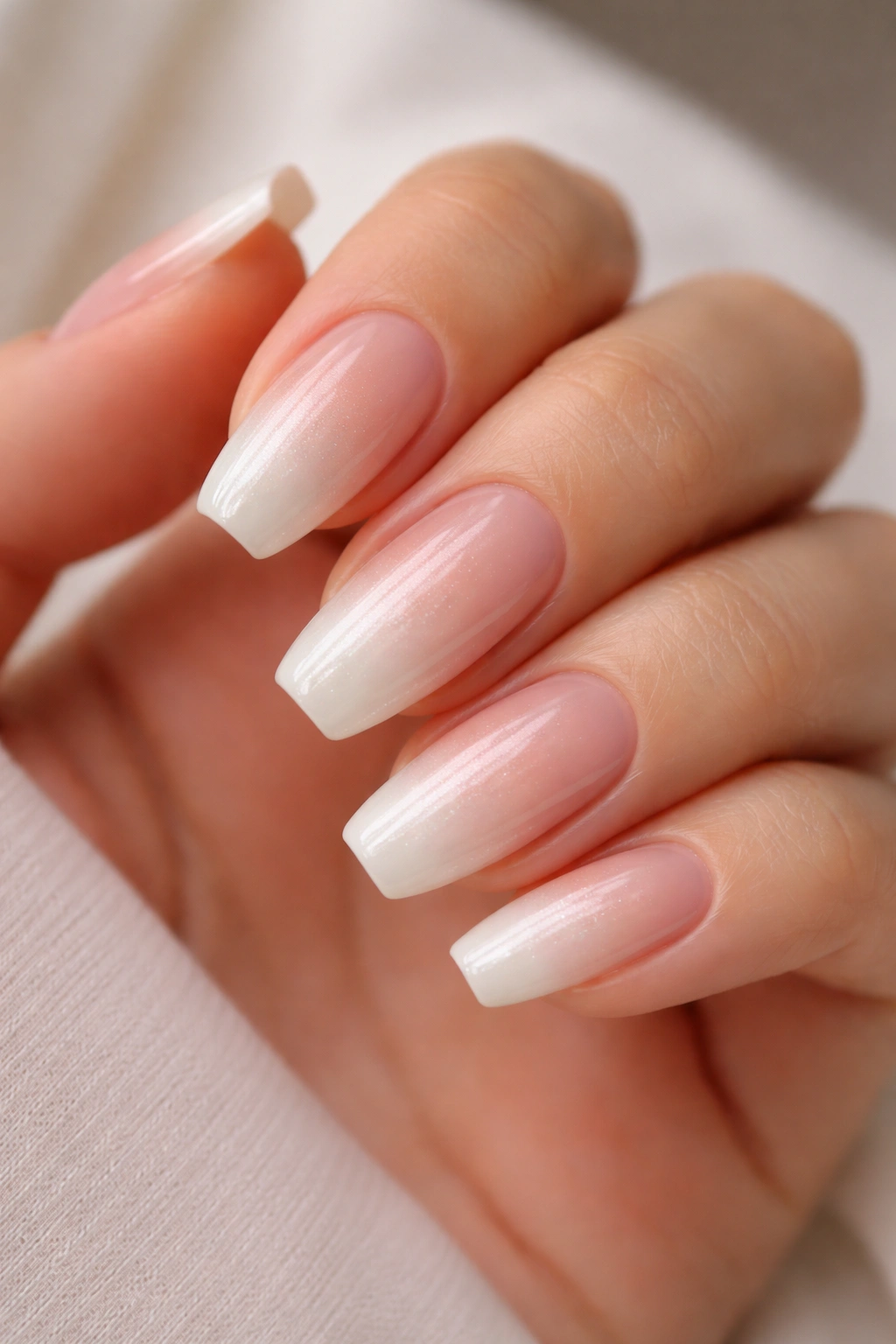 Close-up of nude-to-opal white ombre ballerina nails with a subtle pearl glaze on a clean manicure