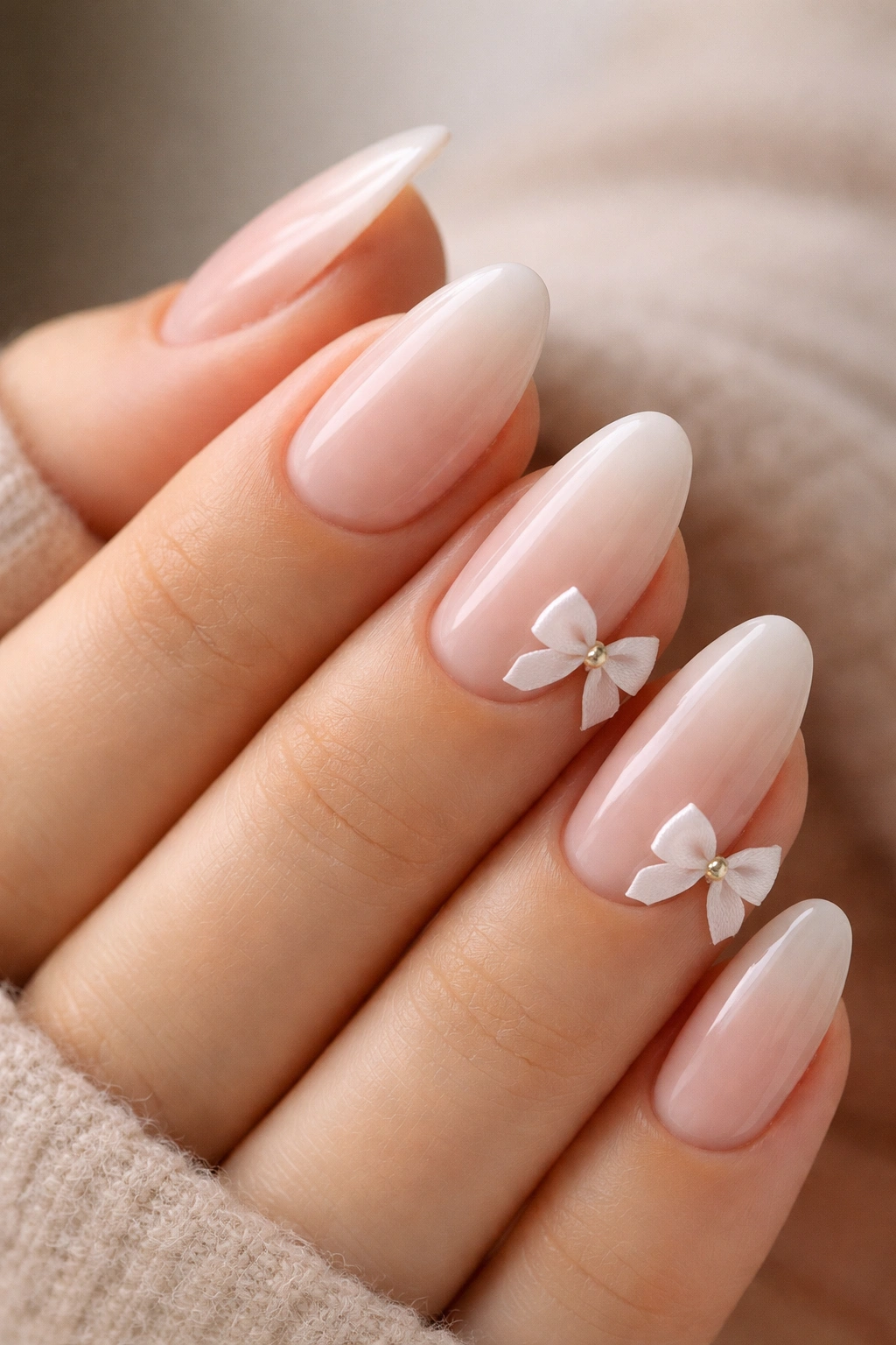 Nude ombré nails with white side bow