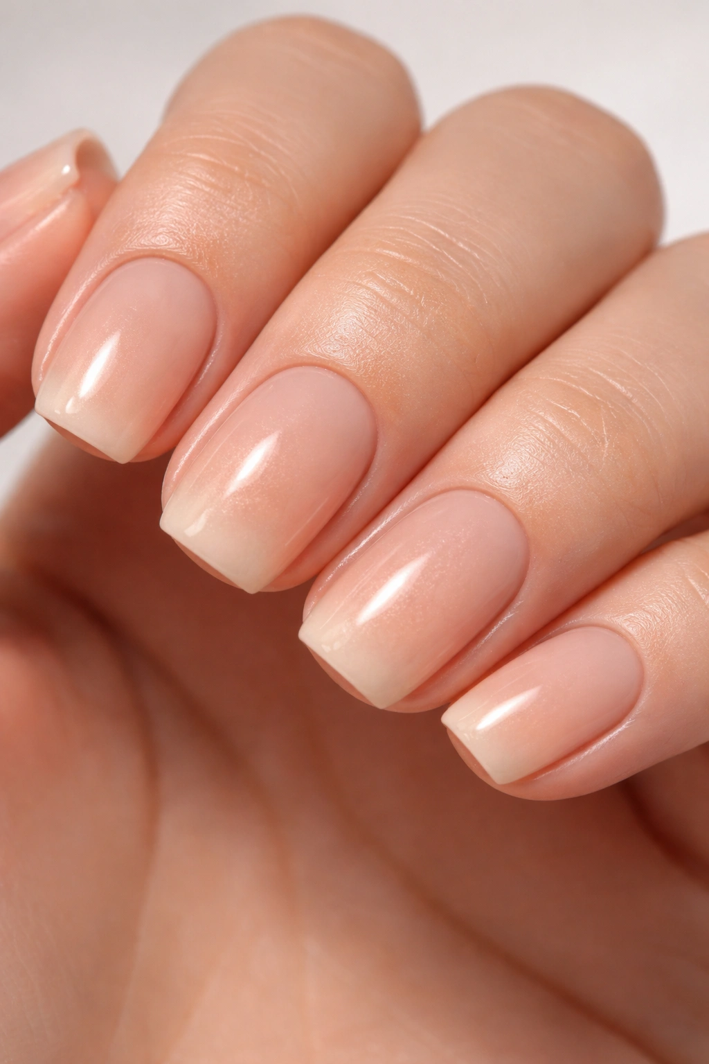 Close-up of short squoval nude ombre nails with a slightly saturated tip.