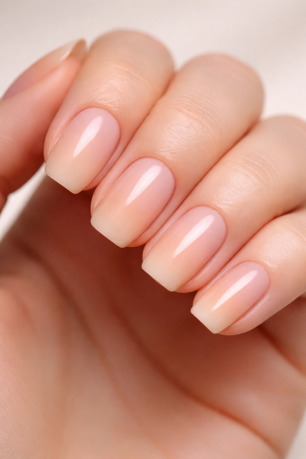 Close-up of short squoval nails with nude to peach ombre and glossy finish