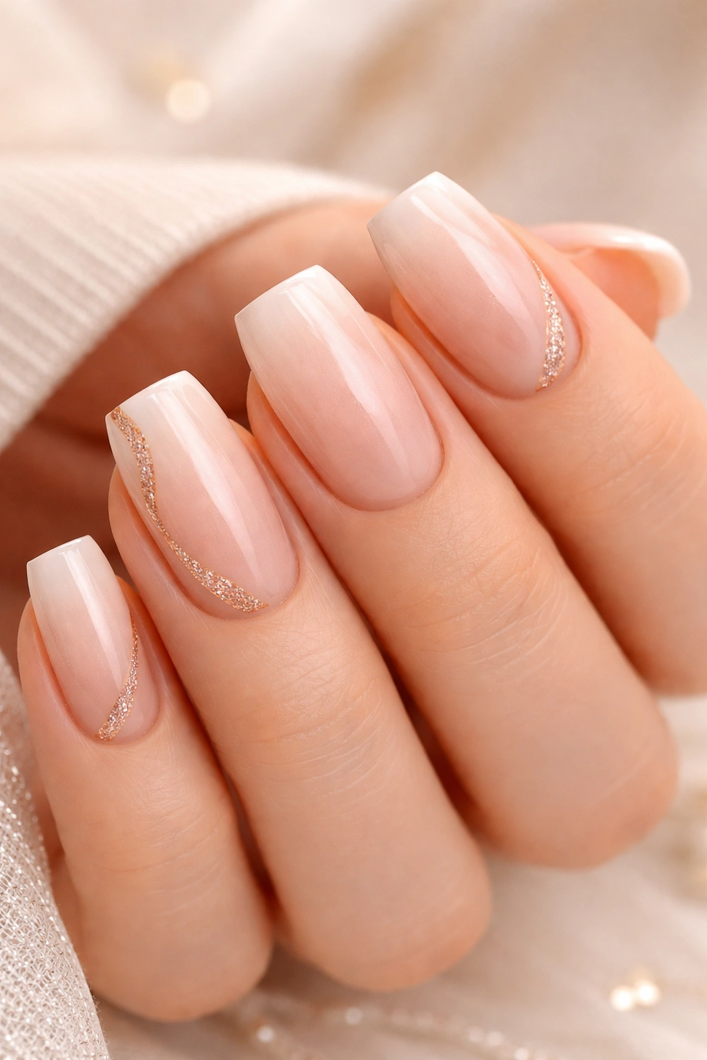 Nude ombre nails with rose gold accents on soft square nails