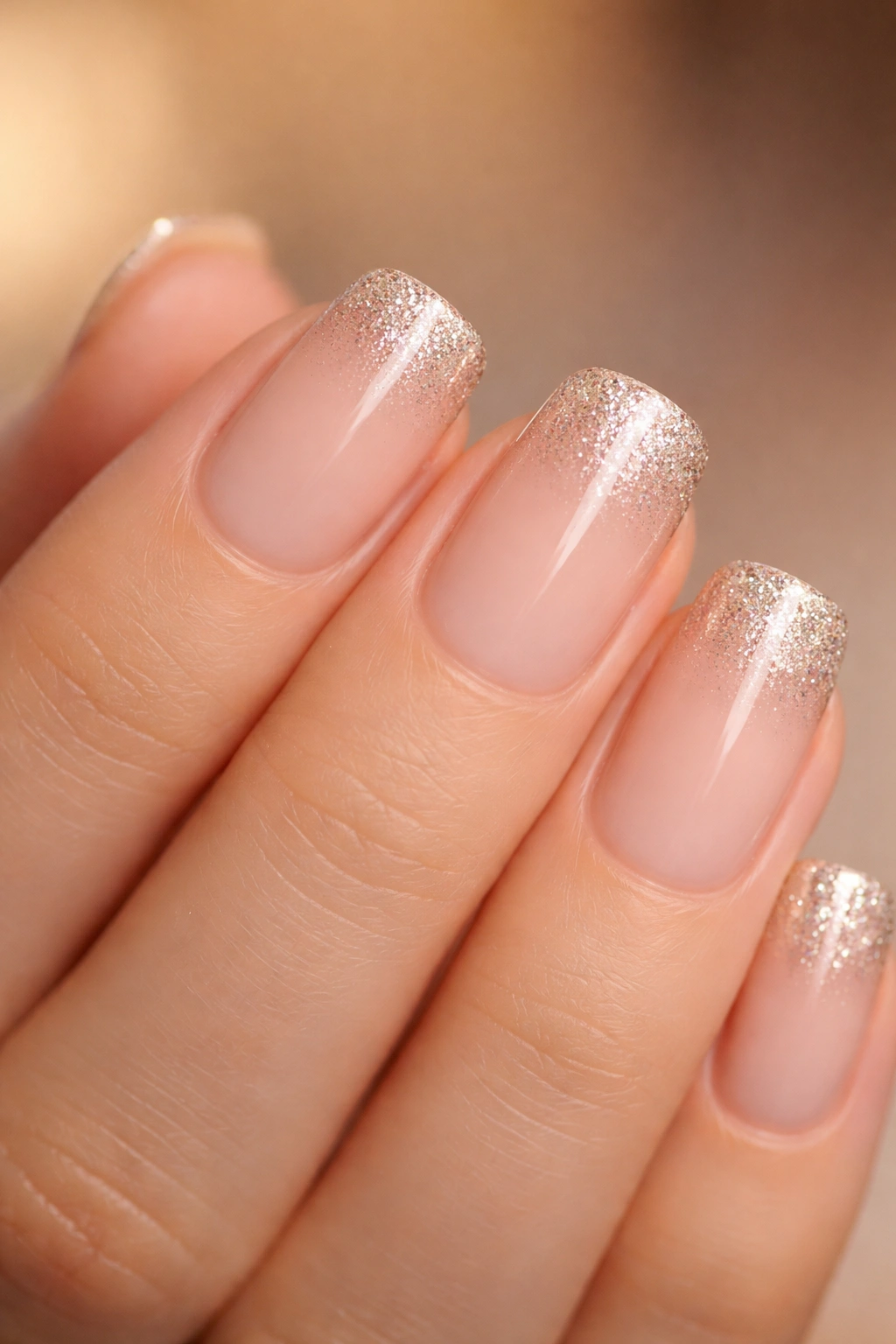 Close-up of nude ombre squoval nails with sparkle tips
