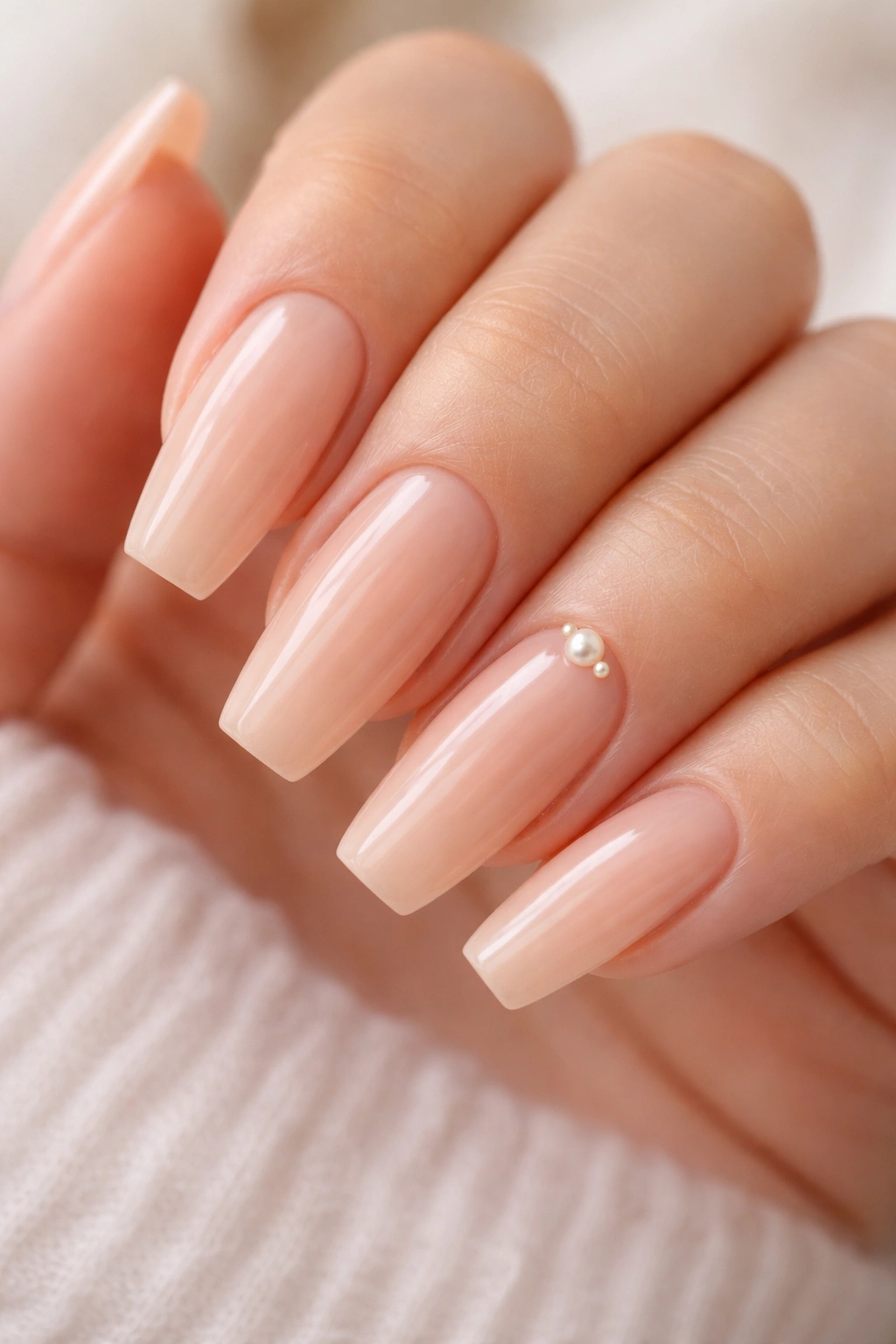 Nude-peach nails with tiny pearls near the cuticle on accent nails