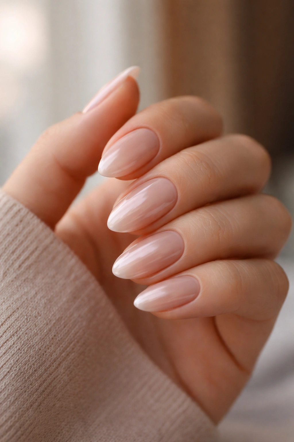 Close-up of nude pearl almond nails with a glossy finish