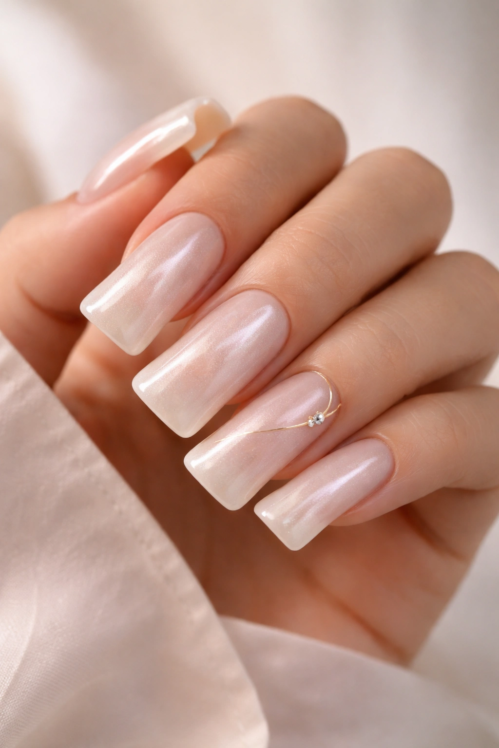 Nude duck nails with a pearl/opal shimmer for an understated elegant look.