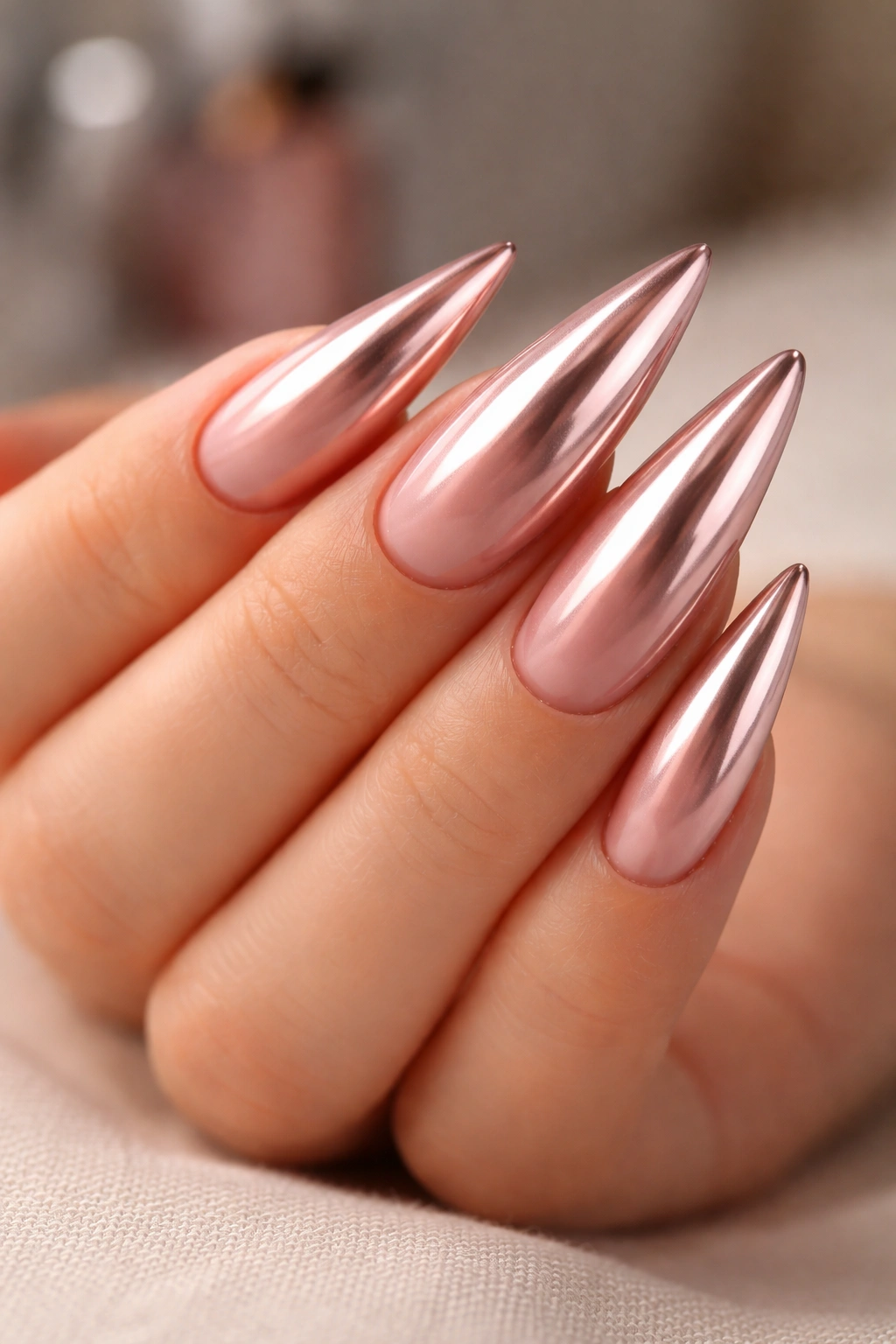 Close-up of nude pink stiletto nail with chrome powder mirror finish under studio lighting