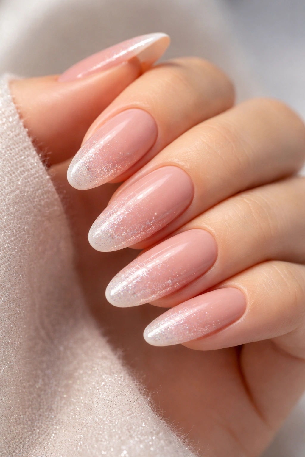 Close-up of nude pink nails with frosted glitter gradient on long oval nails