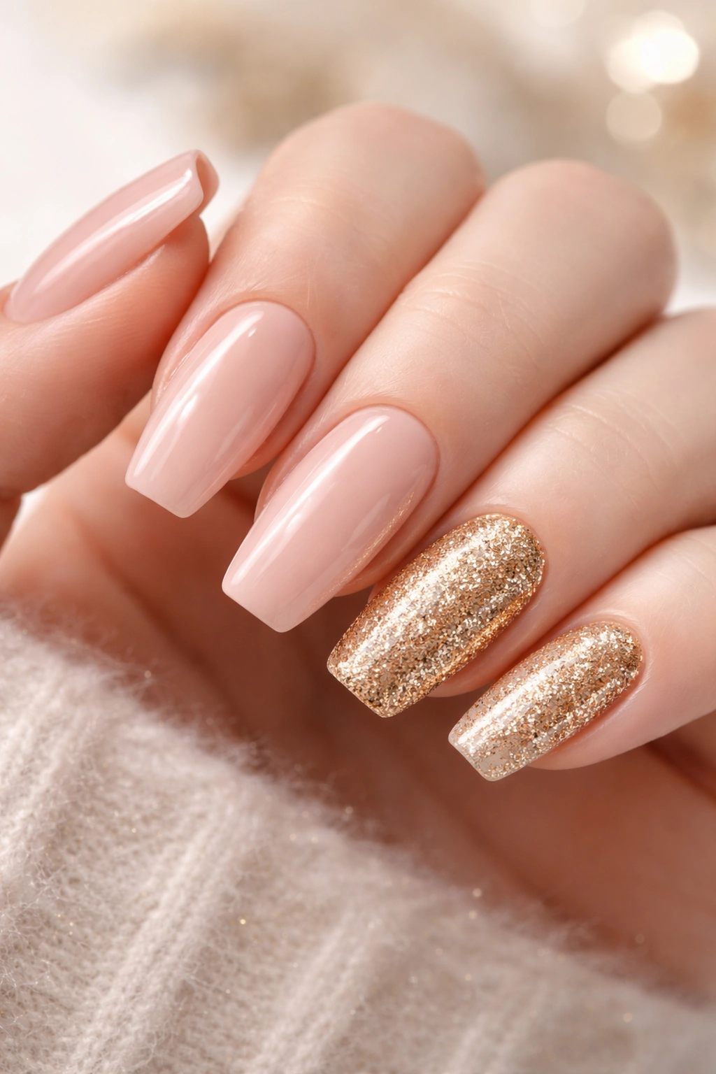 Close-up of nude pink nails with two gold glitter accent nails