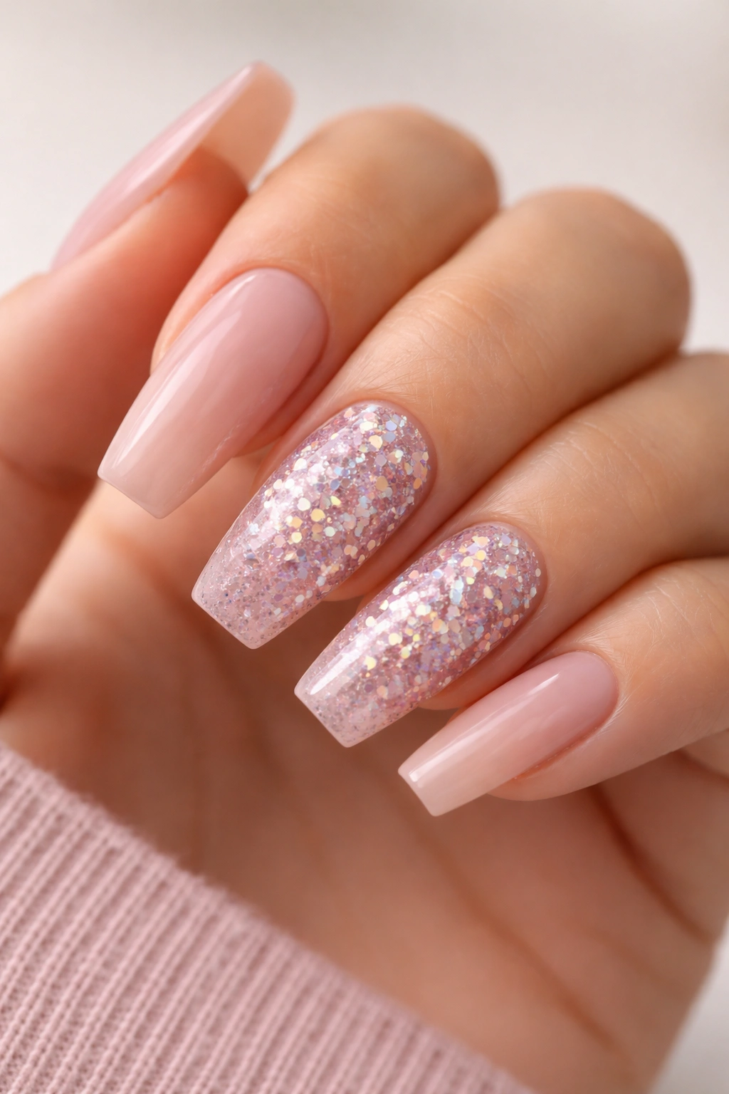 Nude-pink nails with chunky holographic accent nails