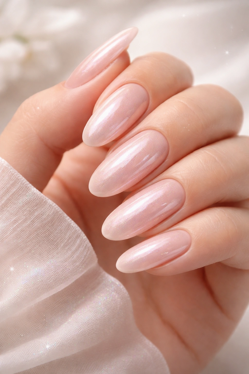 Nude pink nails with pearl or iridescent finish on long oval nails