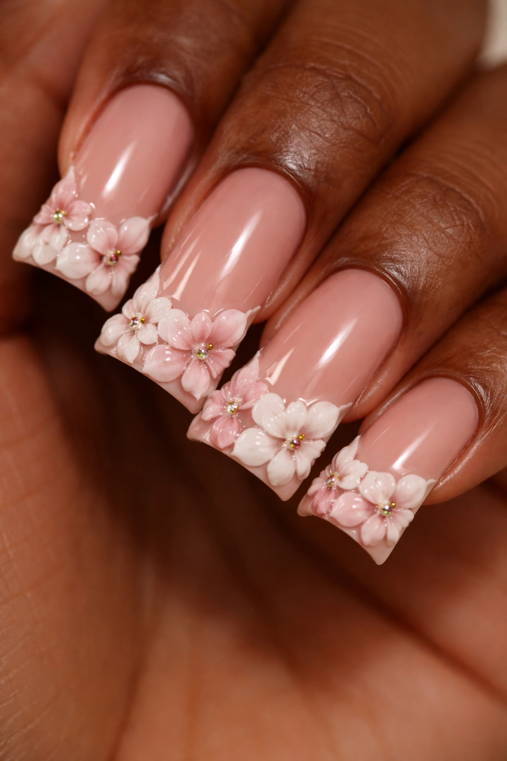 Duck nail tip with warm nude-pink base and 3D floral accents
