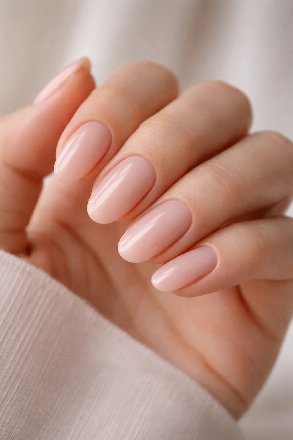Close-up of nude pink almond nails with cream finish on short nails